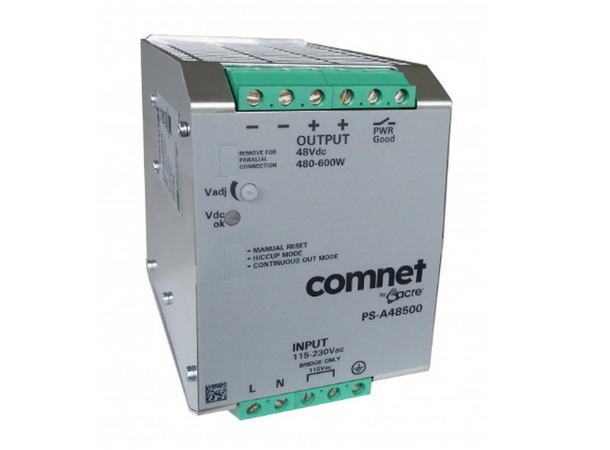48VDC 500Watt (10A) DIN Rail High Temp PoE Applications. Screw Terminals.